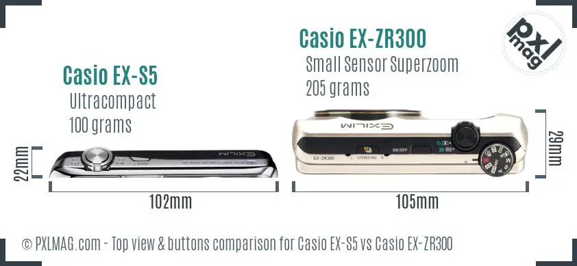 Casio EX-S5 vs Casio EX-ZR300 top view buttons comparison