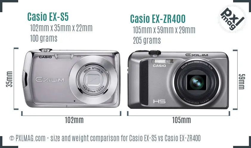 Casio EX-S5 vs Casio EX-ZR400 size comparison