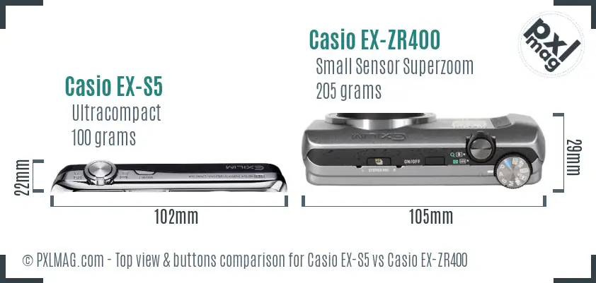 Casio EX-S5 vs Casio EX-ZR400 top view buttons comparison