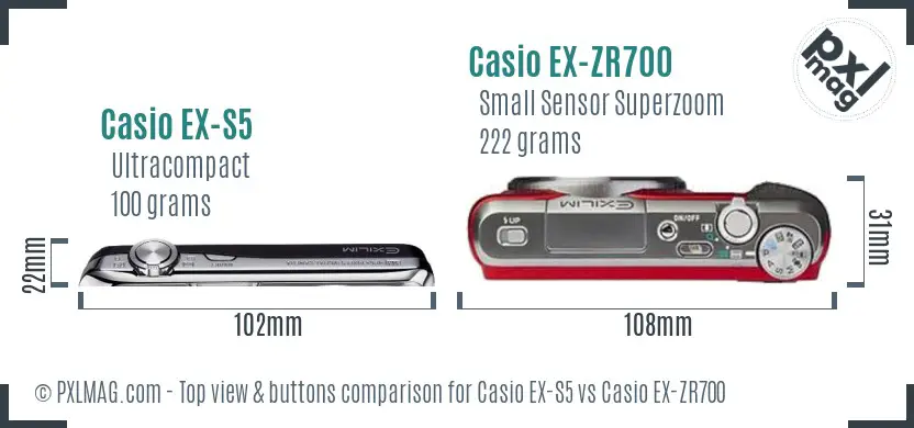 Casio EX-S5 vs Casio EX-ZR700 top view buttons comparison