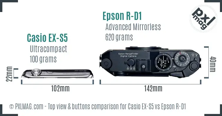 Casio EX-S5 vs Epson R-D1 top view buttons comparison