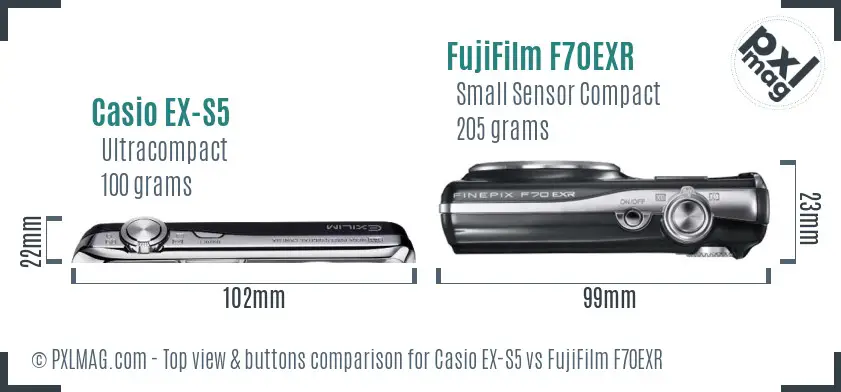 Casio EX-S5 vs FujiFilm F70EXR top view buttons comparison