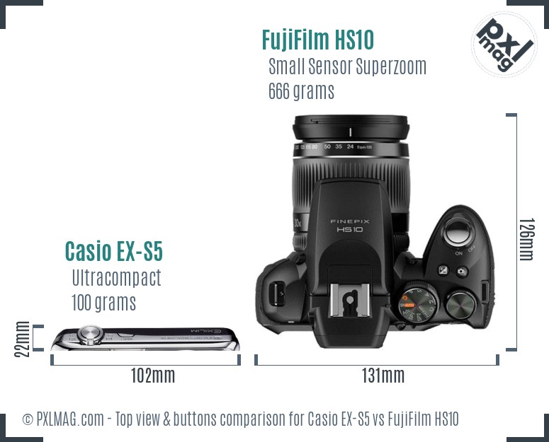 Casio EX-S5 vs FujiFilm HS10 top view buttons comparison