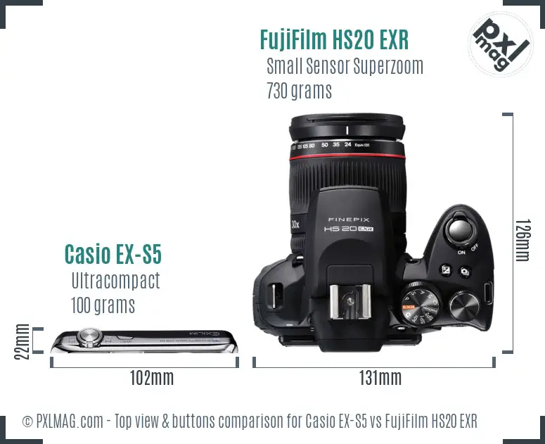 Casio EX-S5 vs FujiFilm HS20 EXR top view buttons comparison
