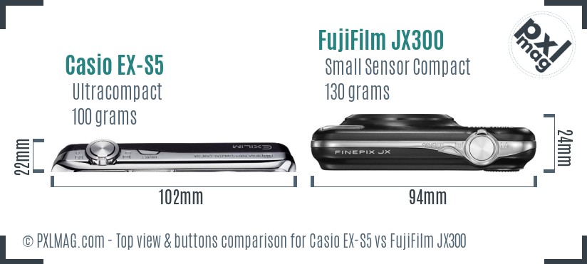 Casio EX-S5 vs FujiFilm JX300 top view buttons comparison