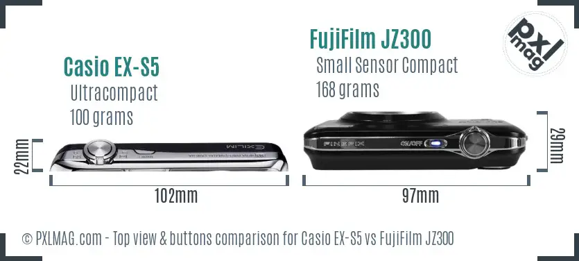 Casio EX-S5 vs FujiFilm JZ300 top view buttons comparison Casio EX-S5 vs FujiFilm JZ300 top view buttons comparison