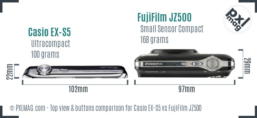 Casio EX-S5 vs FujiFilm JZ500 top view buttons comparison