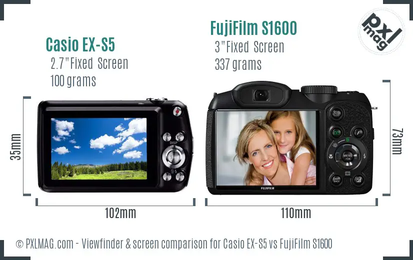 Casio EX-S5 vs FujiFilm S1600 Screen and Viewfinder comparison