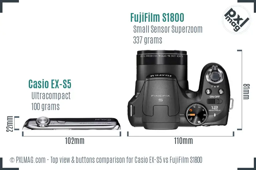 Casio EX-S5 vs FujiFilm S1800 top view buttons comparison