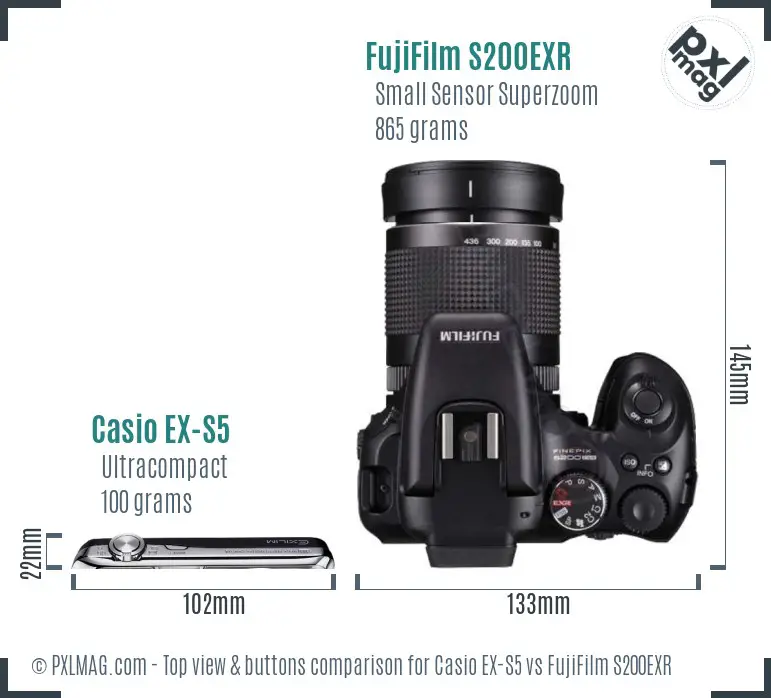 Casio EX-S5 vs FujiFilm S200EXR top view buttons comparison