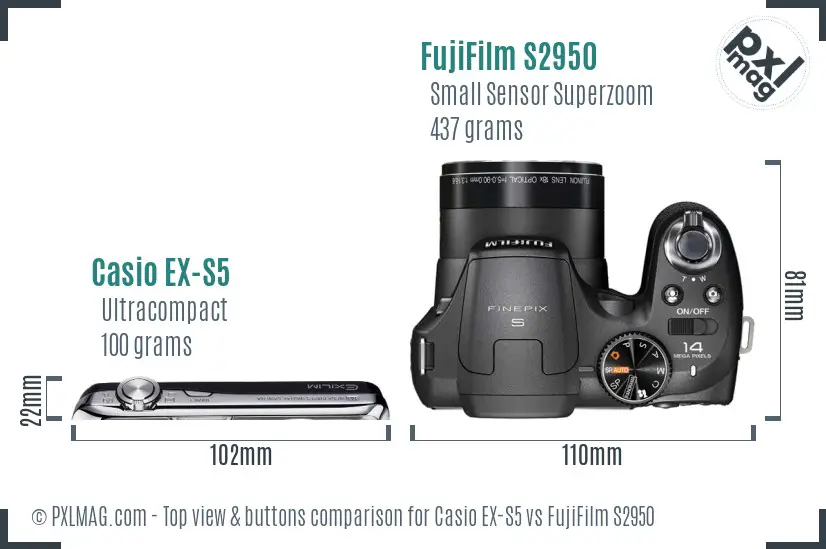 Casio EX-S5 vs FujiFilm S2950 top view buttons comparison Casio EX-S5 vs FujiFilm S2950 top view buttons comparison