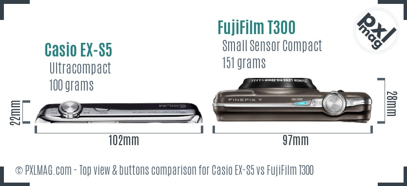 Casio EX-S5 vs FujiFilm T300 top view buttons comparison