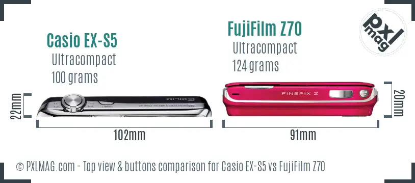 Casio EX-S5 vs FujiFilm Z70 top view buttons comparison