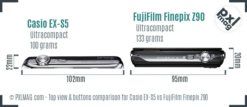 Casio EX-S5 vs FujiFilm Finepix Z90 top view buttons comparison