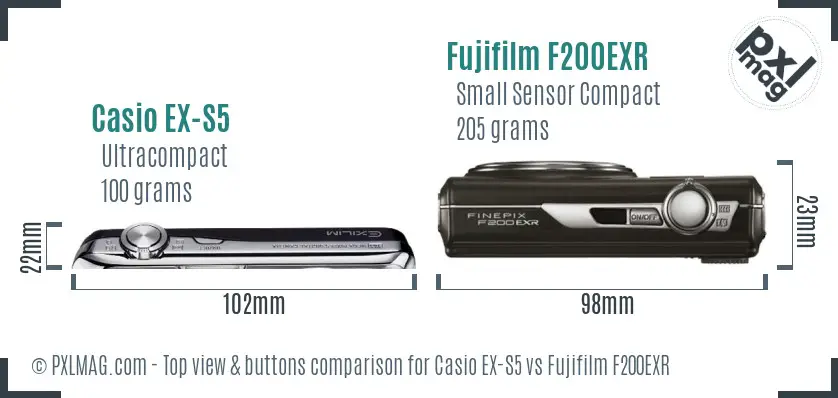 Casio EX-S5 vs Fujifilm F200EXR top view buttons comparison Casio EX-S5 vs Fujifilm F200EXR top view buttons comparison
