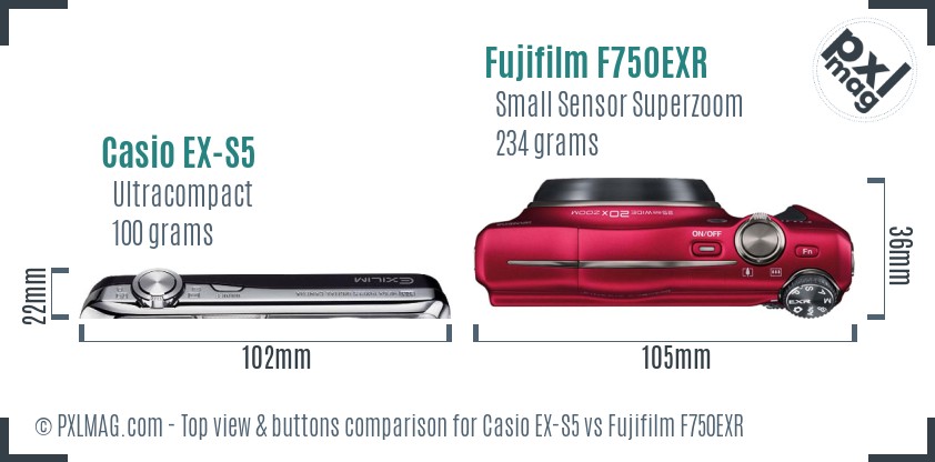 Casio EX-S5 vs Fujifilm F750EXR top view buttons comparison
