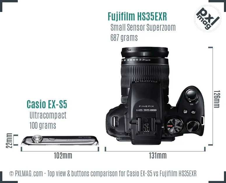Casio EX-S5 vs Fujifilm HS35EXR top view buttons comparison Casio EX-S5 vs Fujifilm HS35EXR top view buttons comparison