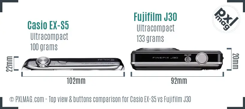 Casio EX-S5 vs Fujifilm J30 top view buttons comparison