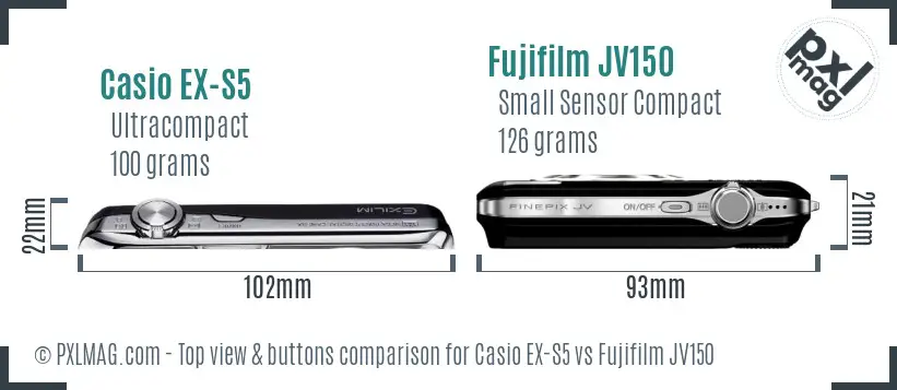 Casio EX-S5 vs Fujifilm JV150 top view buttons comparison