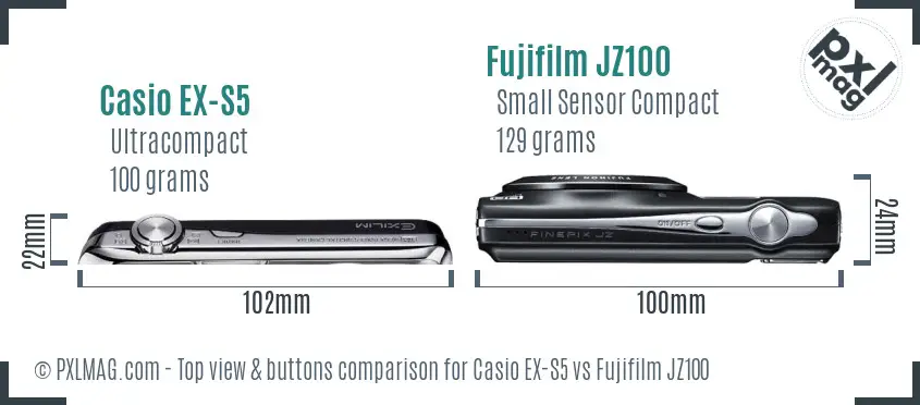 Casio EX-S5 vs Fujifilm JZ100 top view buttons comparison