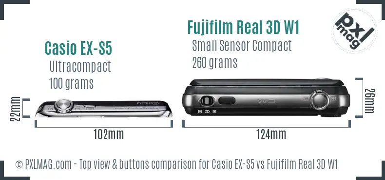 Casio EX-S5 vs Fujifilm Real 3D W1 top view buttons comparison