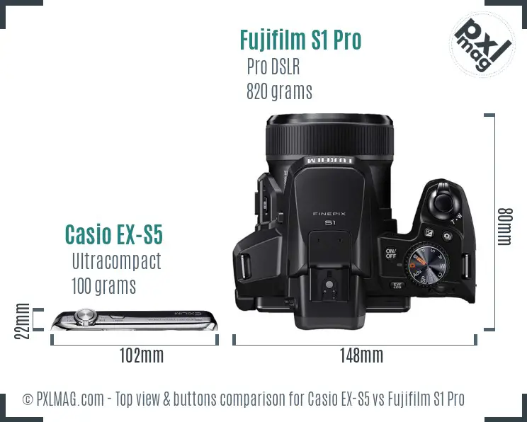 Casio EX-S5 vs Fujifilm S1 Pro top view buttons comparison