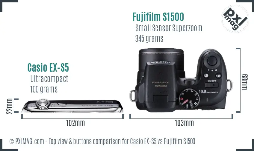 Casio EX-S5 vs Fujifilm S1500 top view buttons comparison