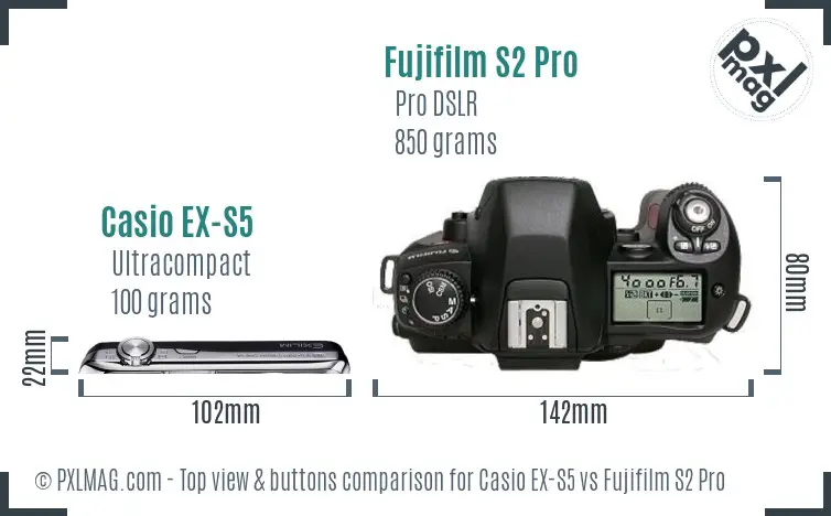 Casio EX-S5 vs Fujifilm S2 Pro top view buttons comparison