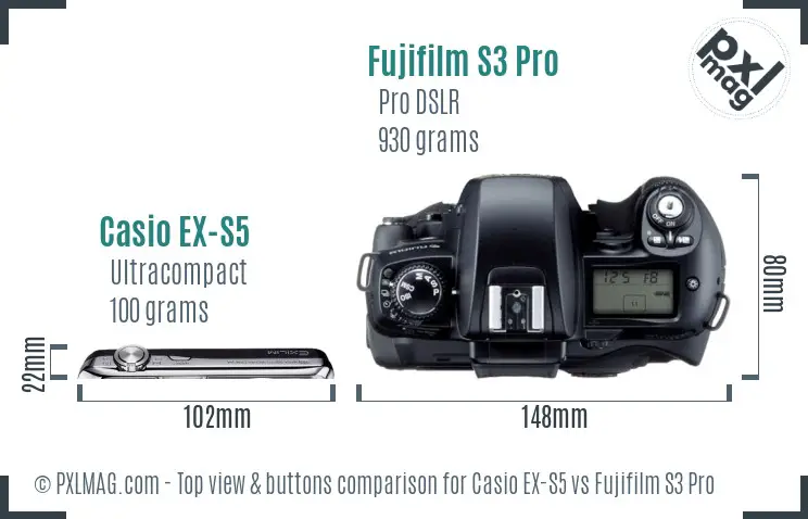 Casio EX-S5 vs Fujifilm S3 Pro top view buttons comparison Casio EX-S5 vs Fujifilm S3 Pro top view buttons comparison