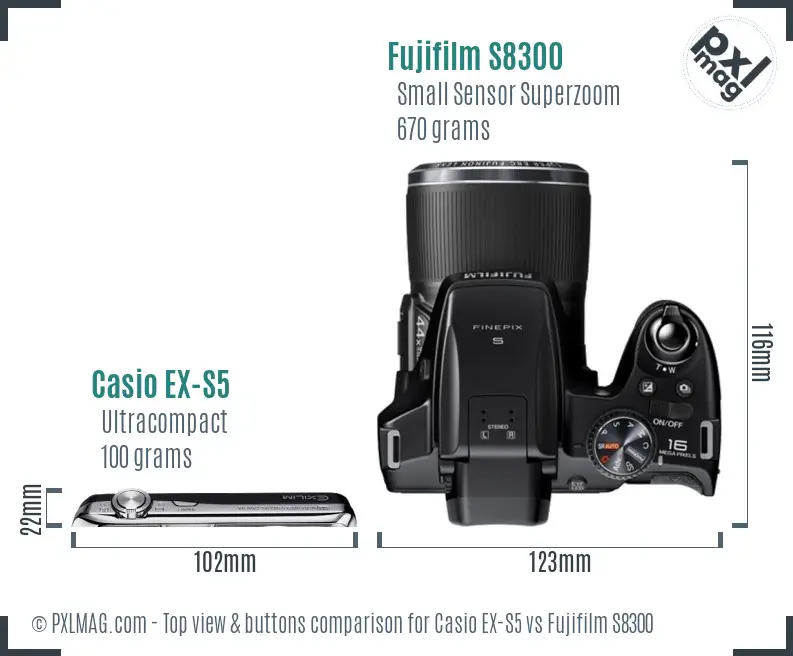 Casio EX-S5 vs Fujifilm S8300 top view buttons comparison