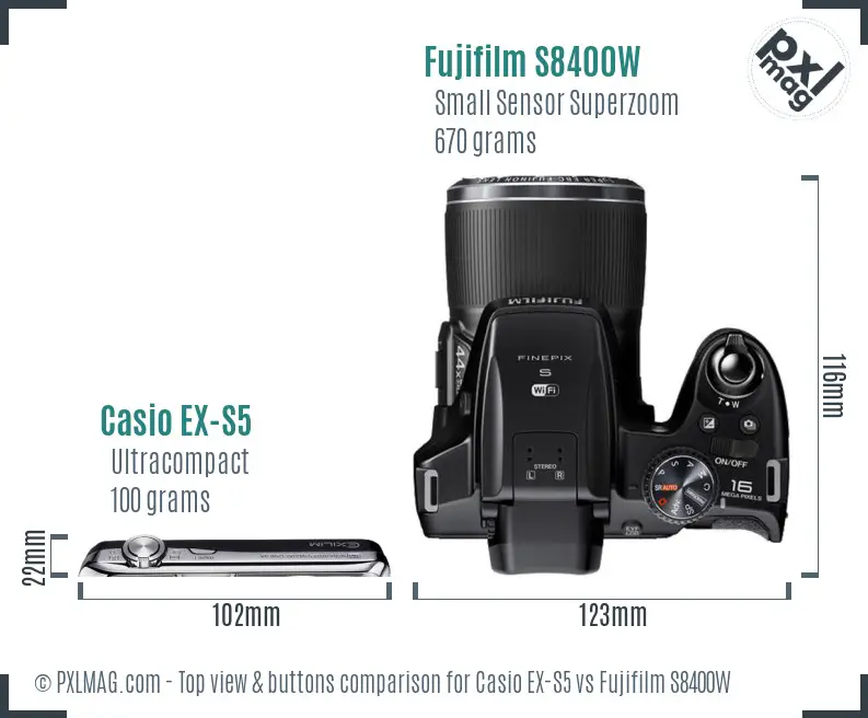 Casio EX-S5 vs Fujifilm S8400W top view buttons comparison