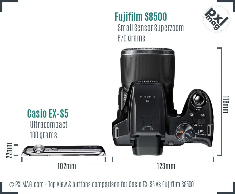 Casio EX-S5 vs Fujifilm S8500 top view buttons comparison Casio EX-S5 vs Fujifilm S8500 top view buttons comparison