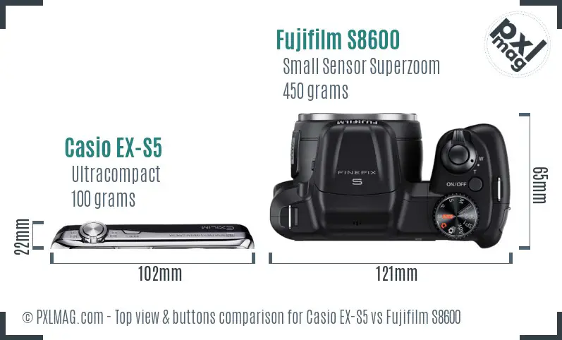 Casio EX-S5 vs Fujifilm S8600 top view buttons comparison Casio EX-S5 vs Fujifilm S8600 top view buttons comparison