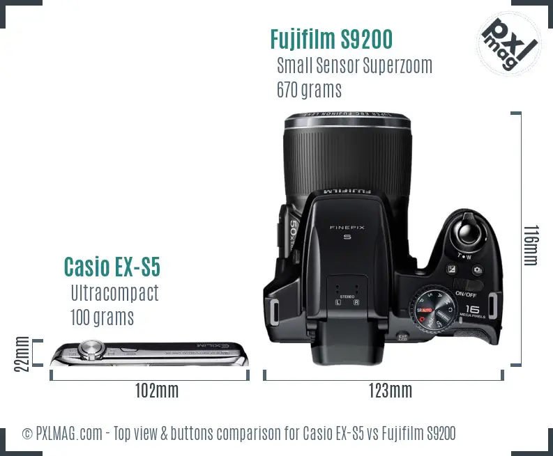 Casio EX-S5 vs Fujifilm S9200 top view buttons comparison Casio EX-S5 vs Fujifilm S9200 top view buttons comparison