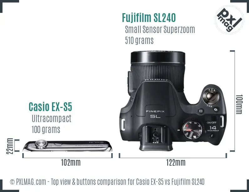 Casio EX-S5 vs Fujifilm SL240 top view buttons comparison