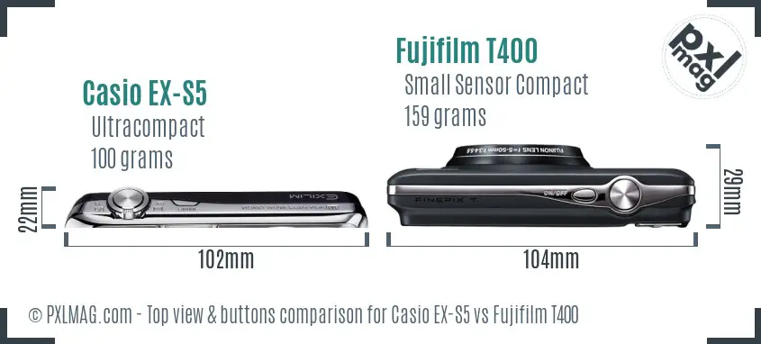 Casio EX-S5 vs Fujifilm T400 top view buttons comparison