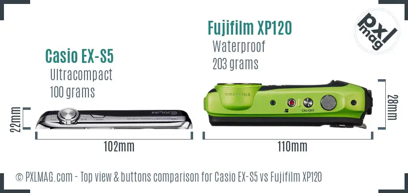 Casio EX-S5 vs Fujifilm XP120 top view buttons comparison Casio EX-S5 vs Fujifilm XP120 top view buttons comparison