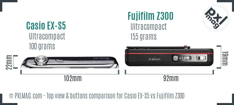 Casio EX-S5 vs Fujifilm Z300 top view buttons comparison