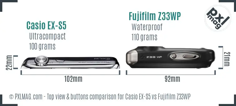 Casio EX-S5 vs Fujifilm Z33WP top view buttons comparison