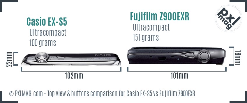 Casio EX-S5 vs Fujifilm Z900EXR top view buttons comparison