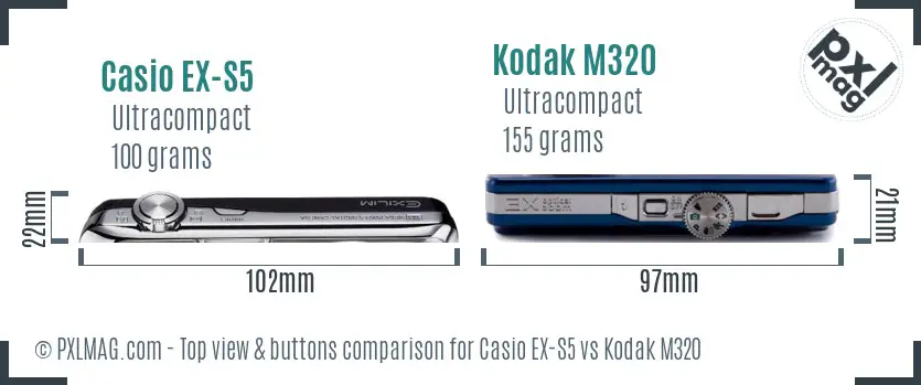 Casio EX-S5 vs Kodak M320 top view buttons comparison