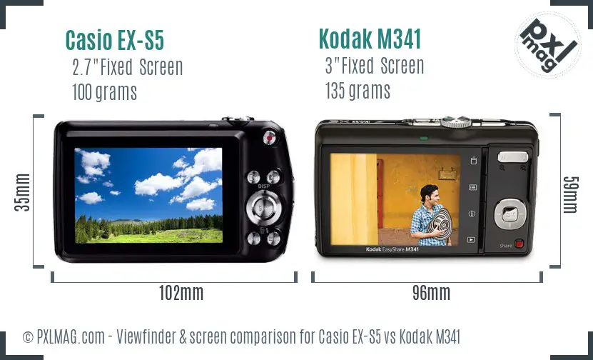 Casio EX-S5 vs Kodak M341 Screen and Viewfinder comparison