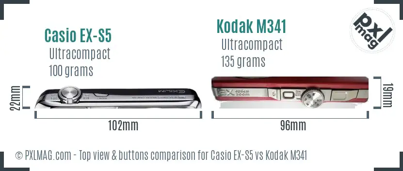 Casio EX-S5 vs Kodak M341 top view buttons comparison