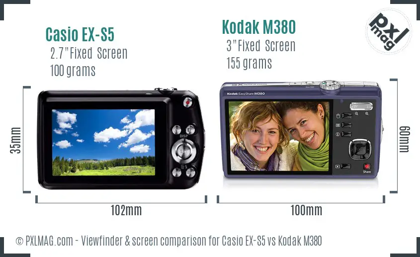 Casio EX-S5 vs Kodak M380 Screen and Viewfinder comparison