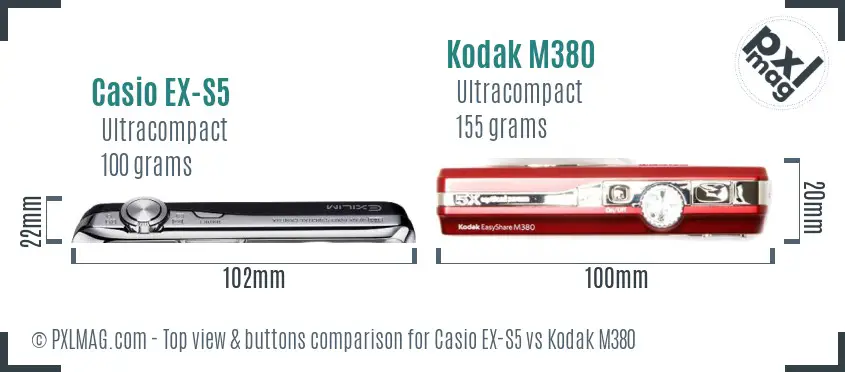 Casio EX-S5 vs Kodak M380 top view buttons comparison