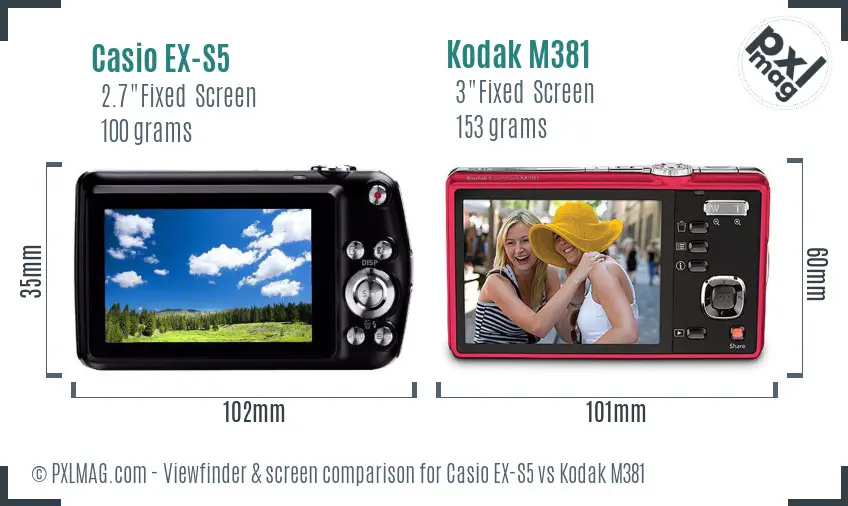 Casio EX-S5 vs Kodak M381 Screen and Viewfinder comparison