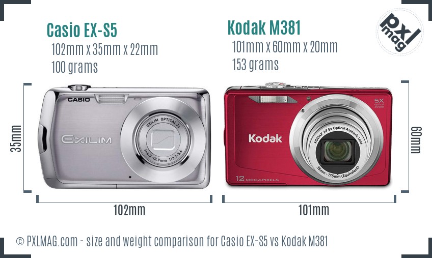 Casio EX-S5 vs Kodak M381 size comparison