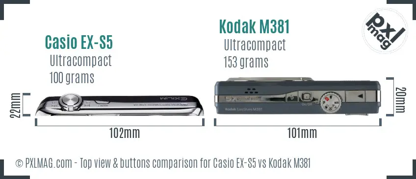 Casio EX-S5 vs Kodak M381 top view buttons comparison