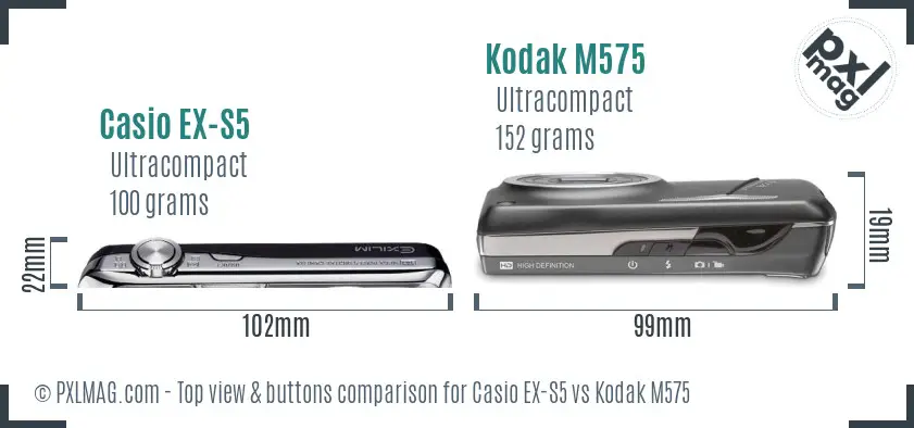 Casio EX-S5 vs Kodak M575 top view buttons comparison