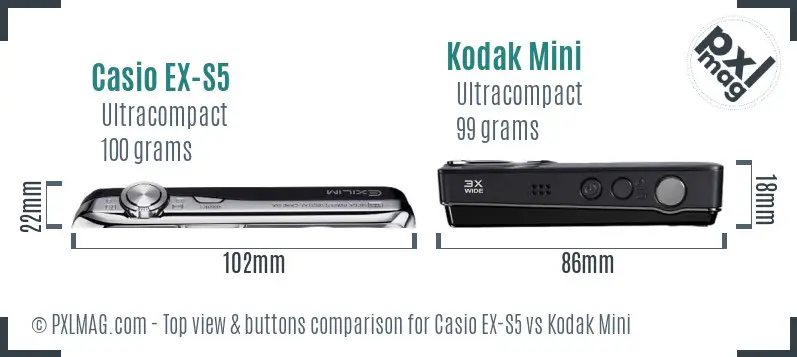 Casio EX-S5 vs Kodak Mini top view buttons comparison